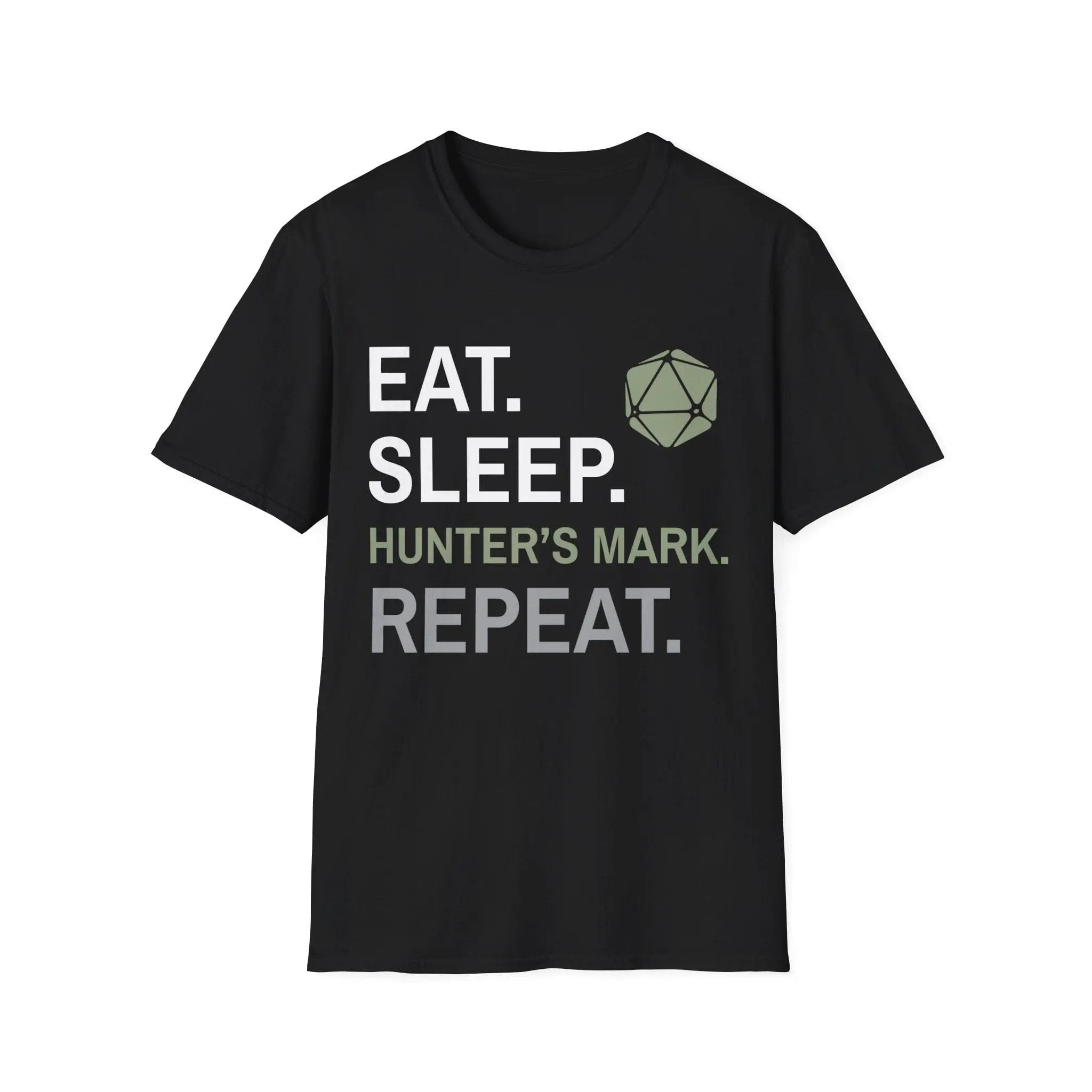 Black Ranger Class T-Shirt by Sunburst RPG featuring "Eat, Sleep, Hunter's Mark, Repeat" printed design.