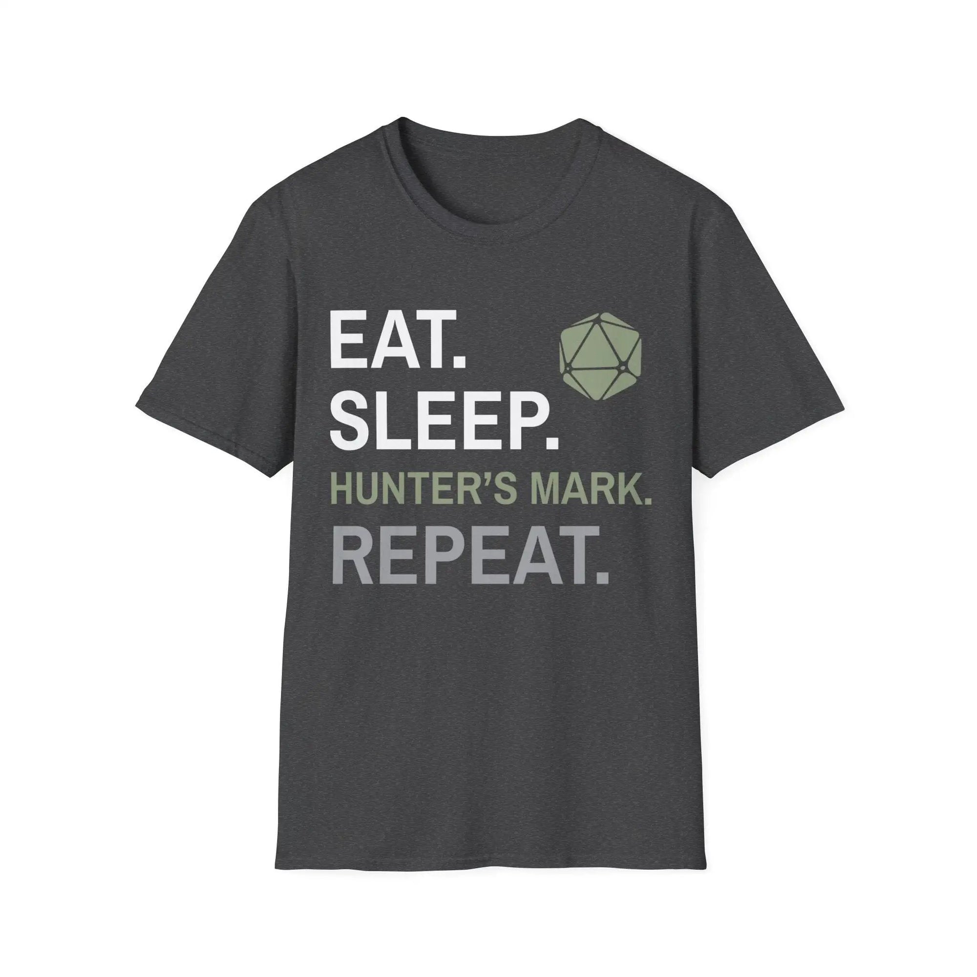 Dark heather Ranger Class T-Shirt by Sunburst RPG featuring "Eat, Sleep, Hunter's Mark, Repeat" design, casual fit.