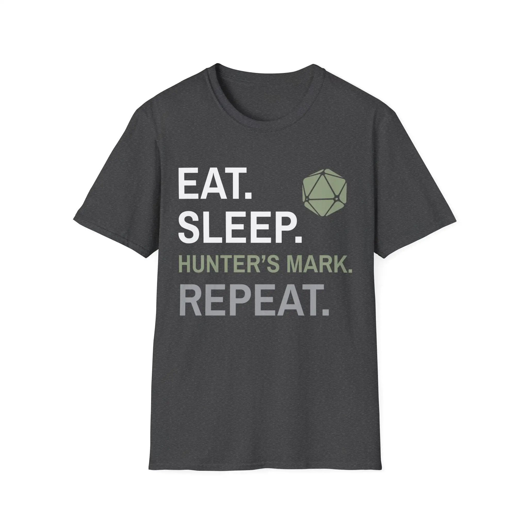 Dark heather Ranger Class T-Shirt by Sunburst RPG featuring "Eat, Sleep, Hunter's Mark, Repeat" design, casual fit.