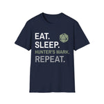 Navy Ranger Class T-Shirt by Sunburst RPG featuring "Eat, Sleep, Hunter's Mark, Repeat" printed design on front.