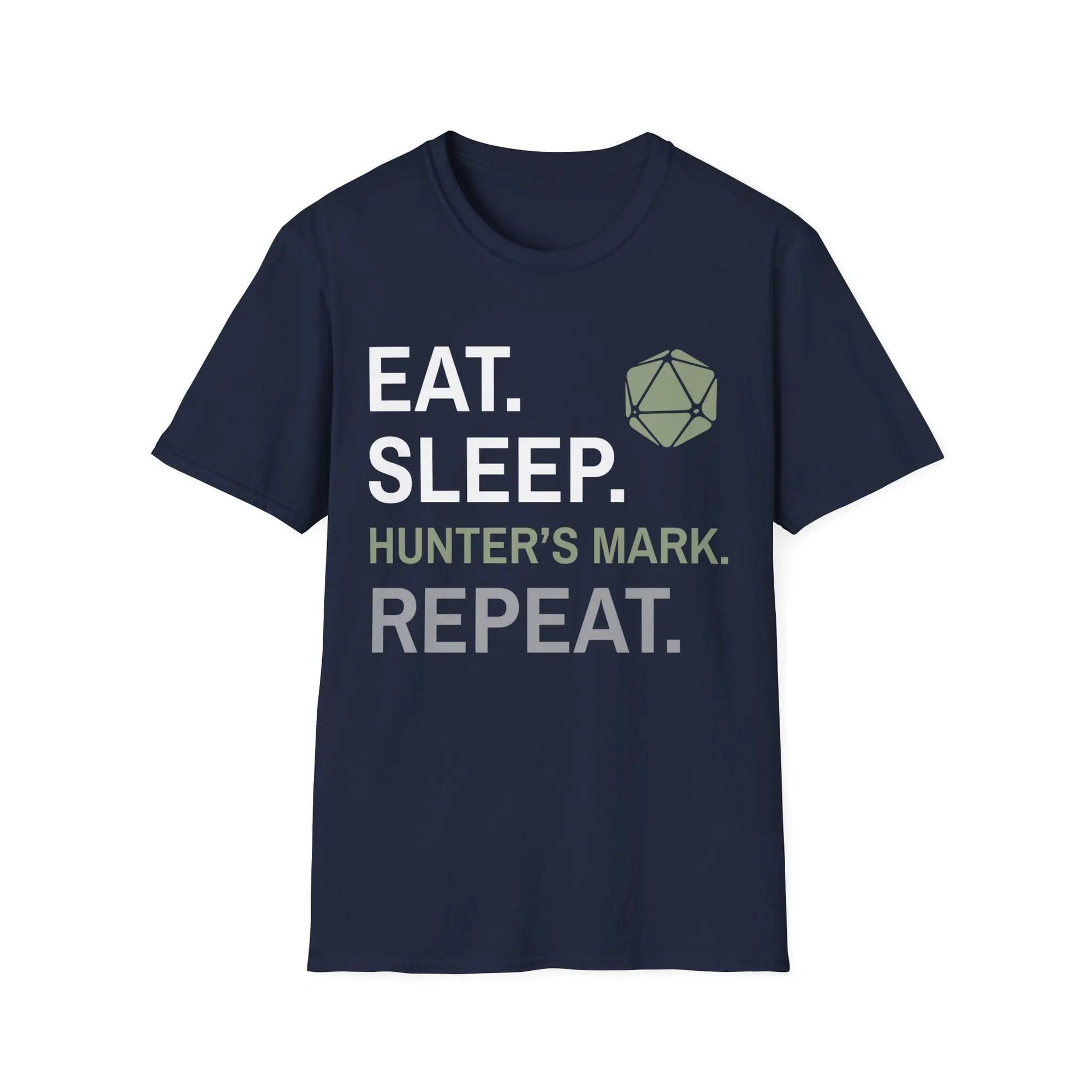 Navy Ranger Class T-Shirt by Sunburst RPG featuring "Eat, Sleep, Hunter's Mark, Repeat" printed design on front.