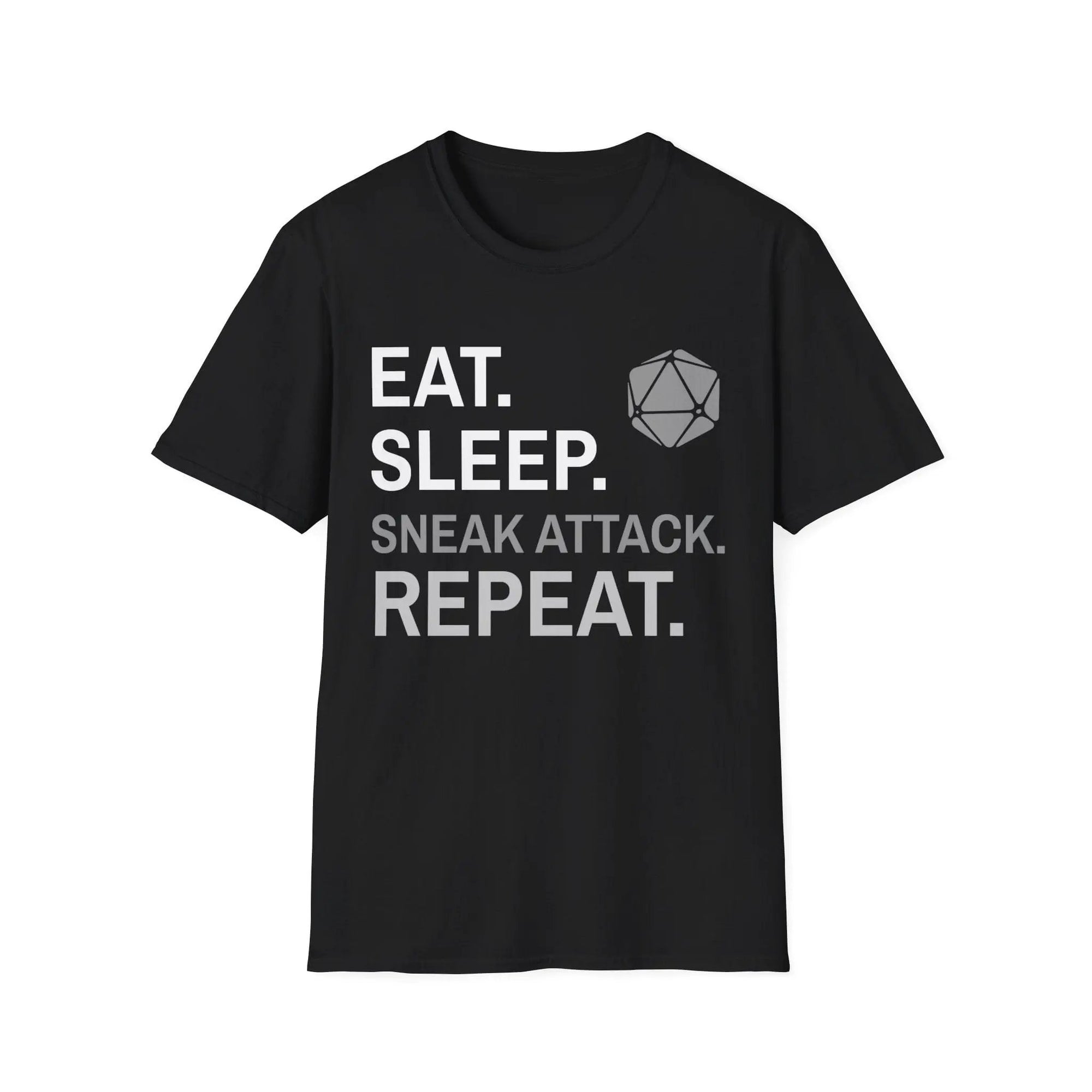 Black Sunburst RPG Rogue T-Shirt with "Eat, Sleep, Sneak Attack, Repeat" graphic on front, casual fit and comfortable fabric.