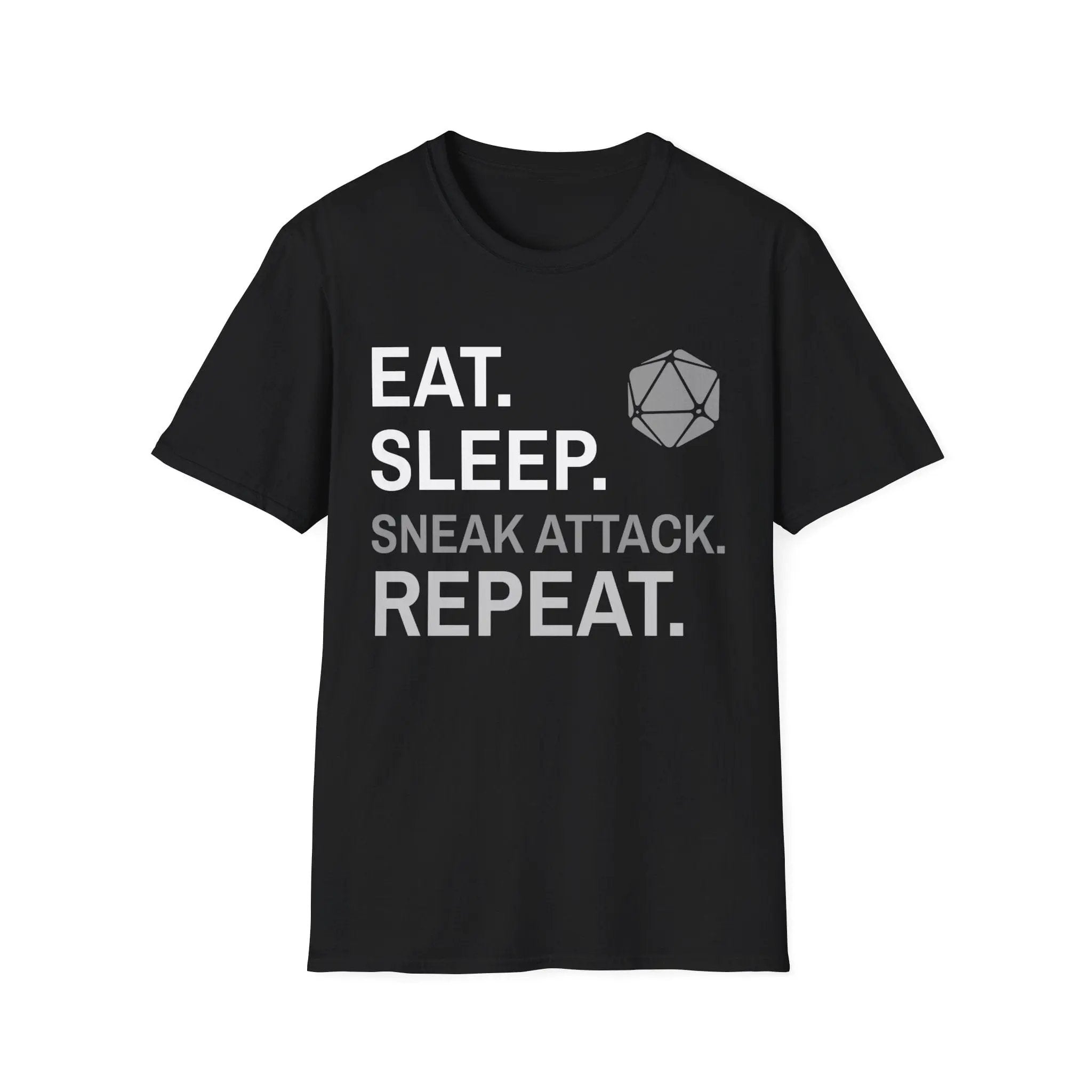 Black Sunburst RPG Rogue T-Shirt with "Eat, Sleep, Sneak Attack, Repeat" graphic on front, casual fit and comfortable fabric.