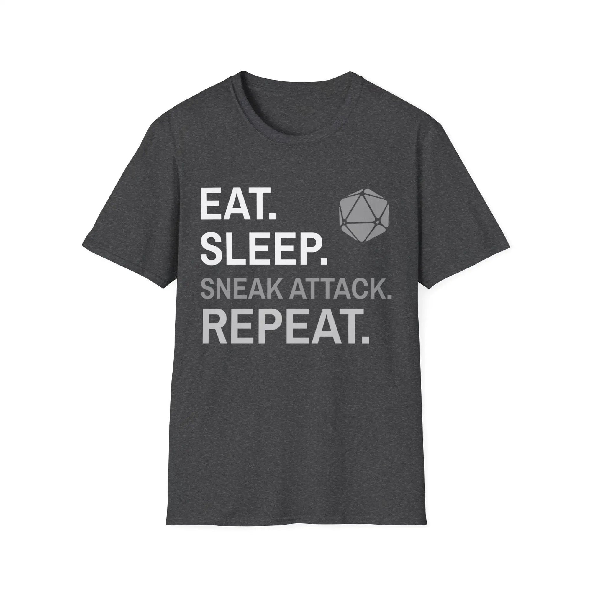 Sunburst RPG Rogue T-Shirt in dark heather with "Eat, Sleep, Sneak Attack, Repeat" print, casual fit, graphic design.
