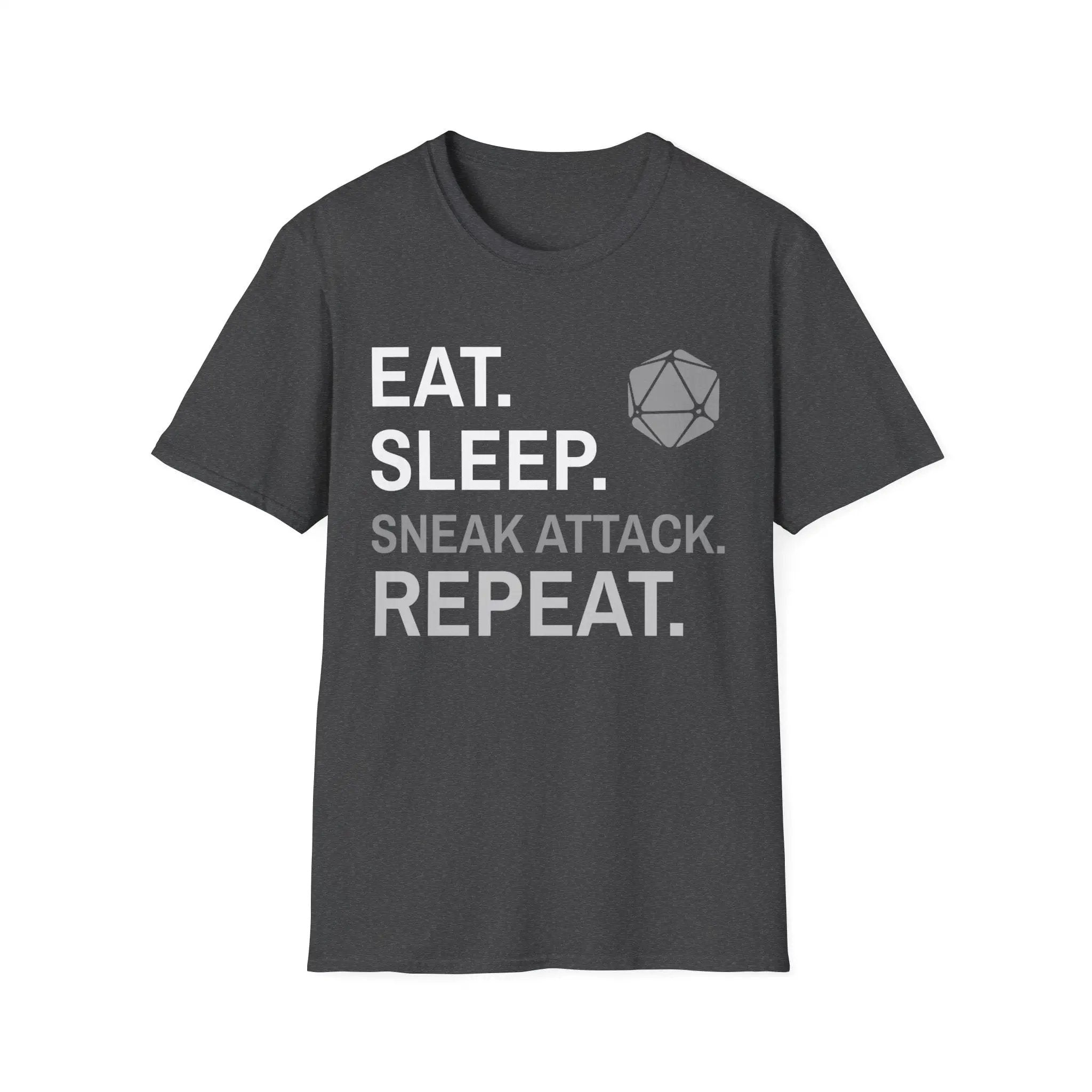 Sunburst RPG Rogue T-Shirt in dark heather with "Eat, Sleep, Sneak Attack, Repeat" print, casual fit, graphic design.