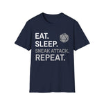 Sunburst RPG Rogue T-Shirt in navy featuring "Eat, Sleep, Sneak Attack, Repeat" design, casual fit and comfortable fabric.