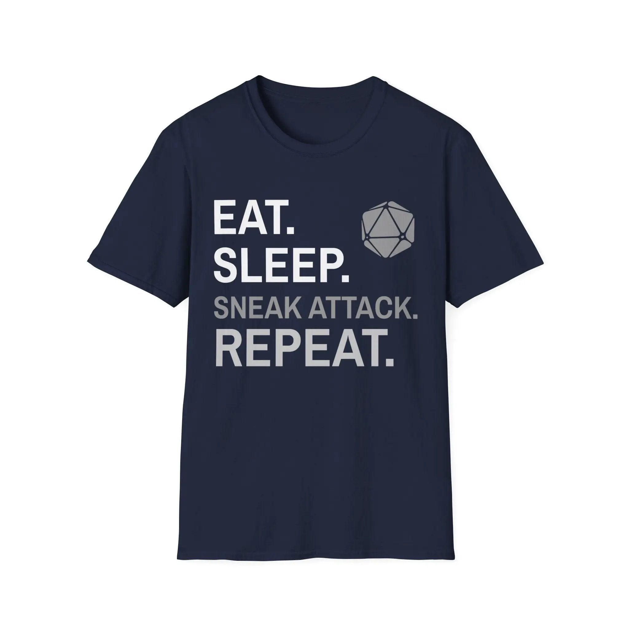 Sunburst RPG Rogue T-Shirt in navy featuring "Eat, Sleep, Sneak Attack, Repeat" design, casual fit and comfortable fabric.