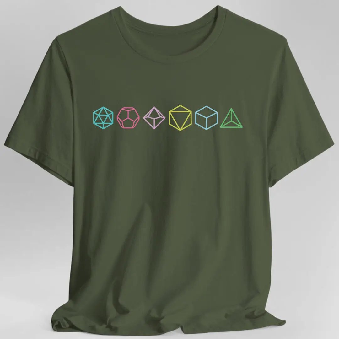 Military green T-shirt featuring a row of colorful RPG dice design by Sunburst RPG.