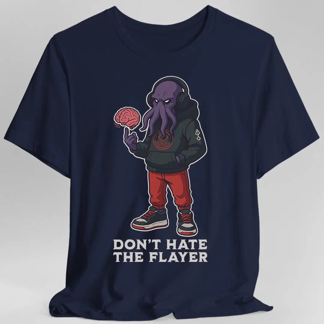 Navy Sporty Mind Flayer T-Shirt by Sunburst RPG featuring a graphic of a mind flayer creature on the front.