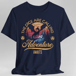 Navy D&D T-shirt from Sunburst RPG with the phrase "The Dice Are Calling" and dice graphic, casual gaming apparel.