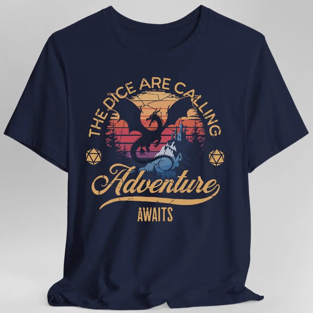 Navy D&D T-shirt from Sunburst RPG with the phrase "The Dice Are Calling" and dice graphic, casual gaming apparel.