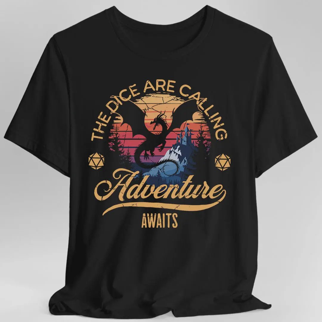 Black D&D T-shirt from Sunburst RPG featuring the phrase "The Dice Are Calling" and a graphic of polyhedral dice.