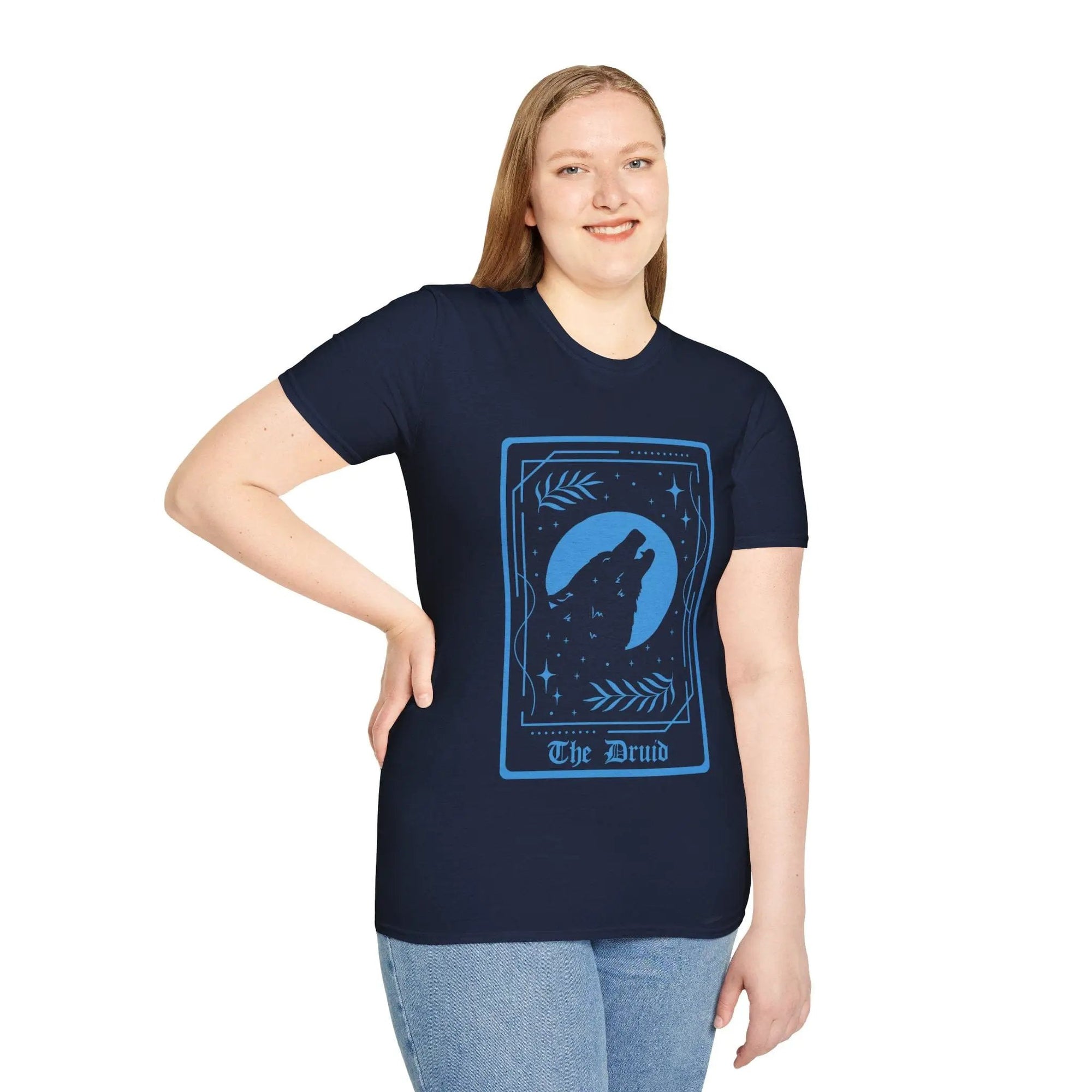 Sunburst RPG Druid Tarot Card T-Shirt featuring mystical druid imagery on a casual cotton tee.