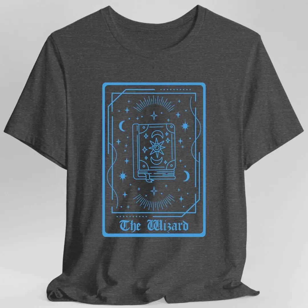 Dark heather T-shirt featuring a wizard tarot card design from Sunburst RPG, casual and stylish for tarot or fantasy fans.