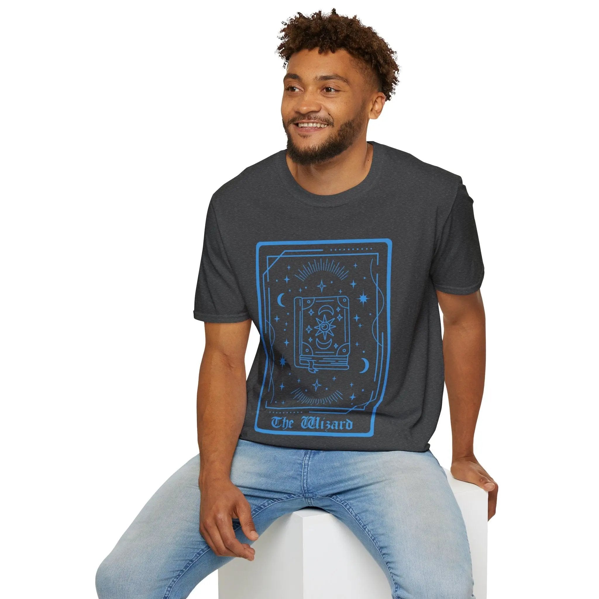 Sunburst RPG Wizard Tarot Card T-Shirt featuring a detailed wizard illustration on a comfortable cotton tee.