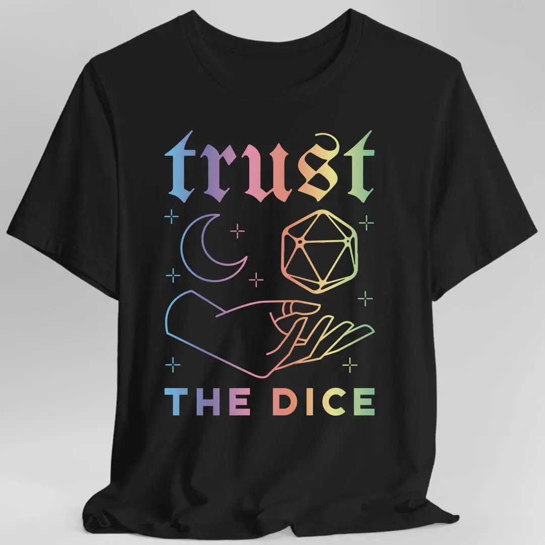 Sunburst RPG Trust The Dice Celestial D&D T-Shirt featuring a celestial dice design on a black fabric shirt.