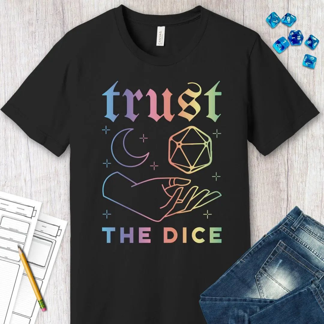 Sunburst RPG Trust The Dice Celestial D&D T-Shirt featuring celestial-themed graphics and a comfortable fit for tabletop game fans.