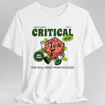 White vintage D20 Critical Hit T-Shirt by Sunburst RPG, featuring a classic design with a large D20 dice and critical hit text.