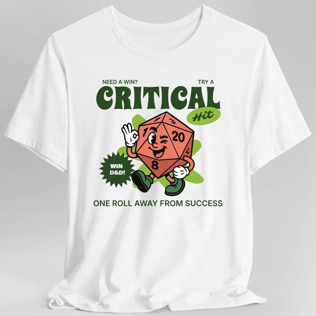 White vintage D20 Critical Hit T-Shirt by Sunburst RPG, featuring a classic design with a large D20 dice and critical hit text.