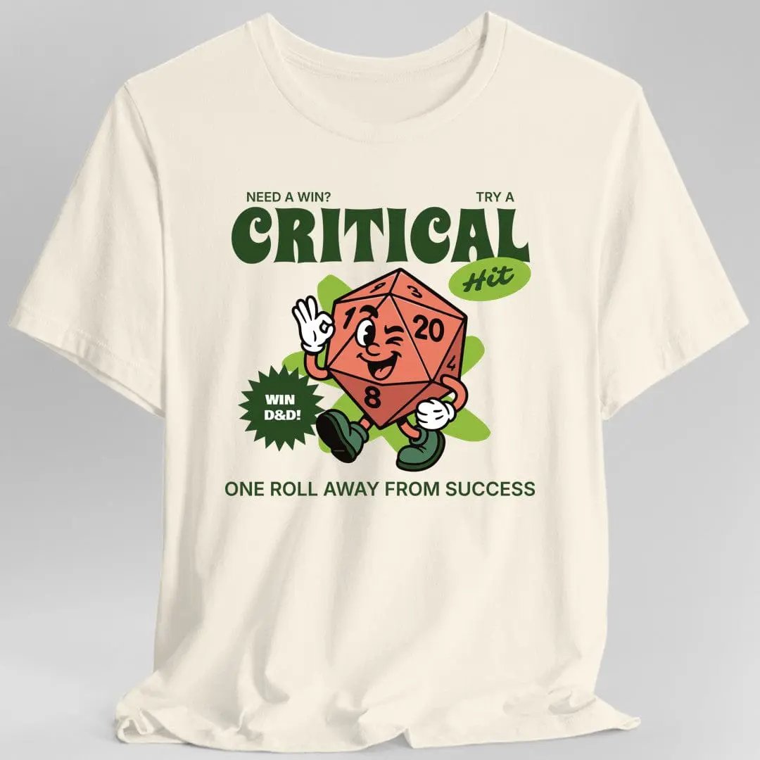 Vintage Sunburst RPG D20 Critical Hit T-Shirt featuring a classic design with a large D20 and critical hit text.