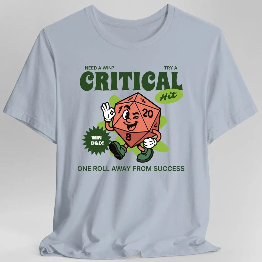 Light blue vintage D20 Critical Hit T-Shirt by Sunburst RPG featuring a classic design for tabletop gaming enthusiasts.