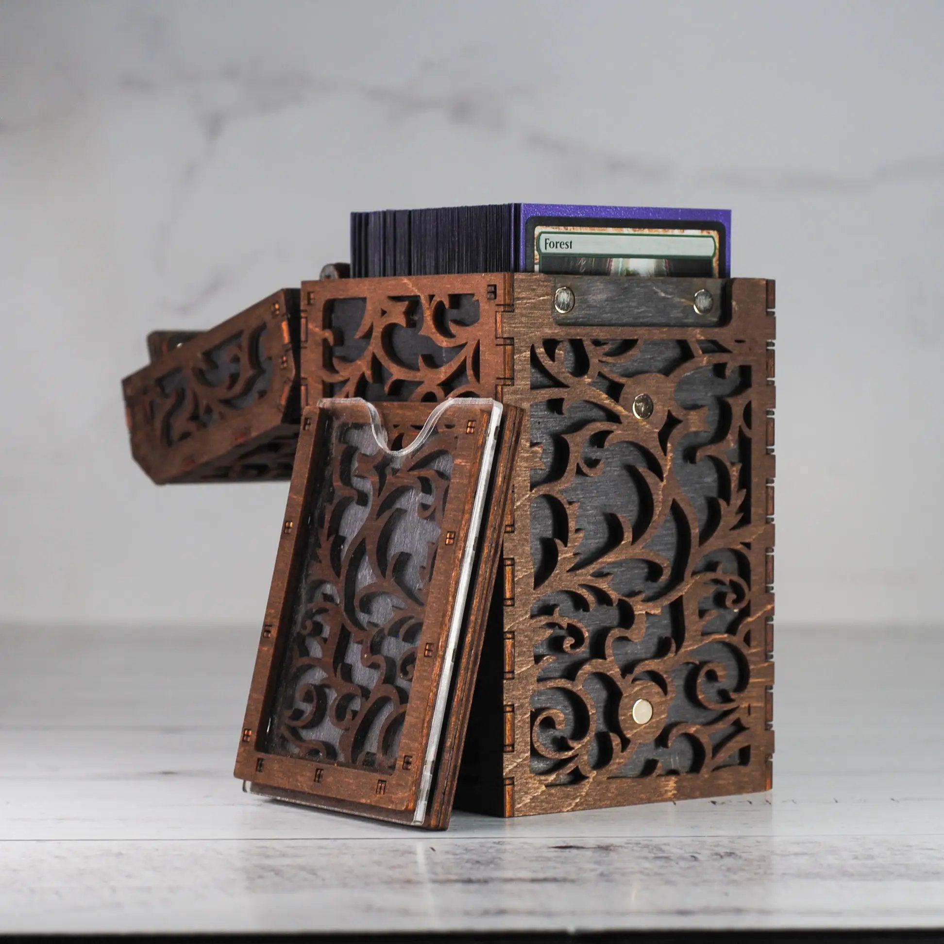 Black Talon & Claw Commander Deck Box with secure lid and sleek design for storing trading cards.