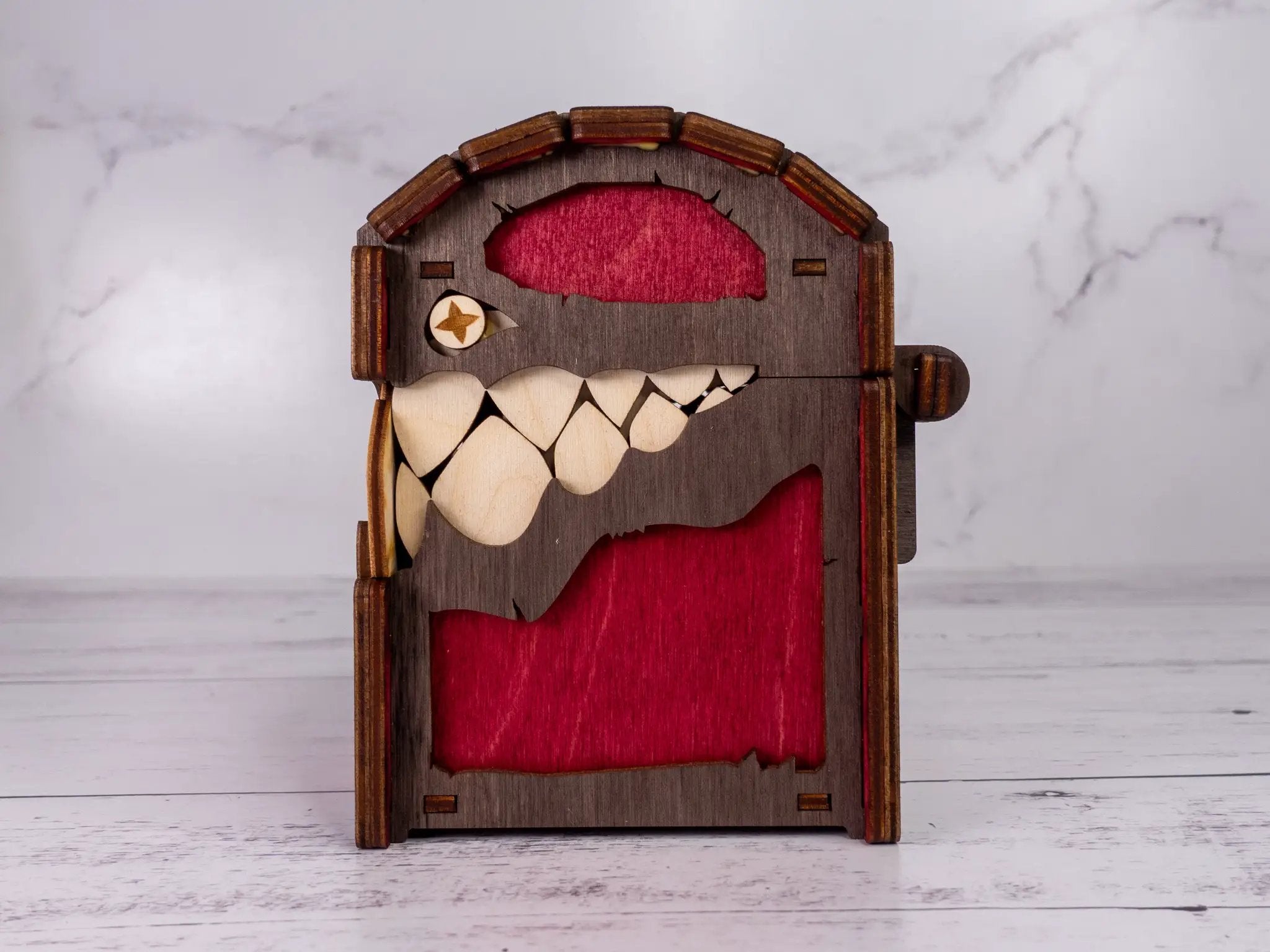 Black Mimic Chest Deck Box by Talon & Claw, featuring detailed mimic design and secure lid for card storage.