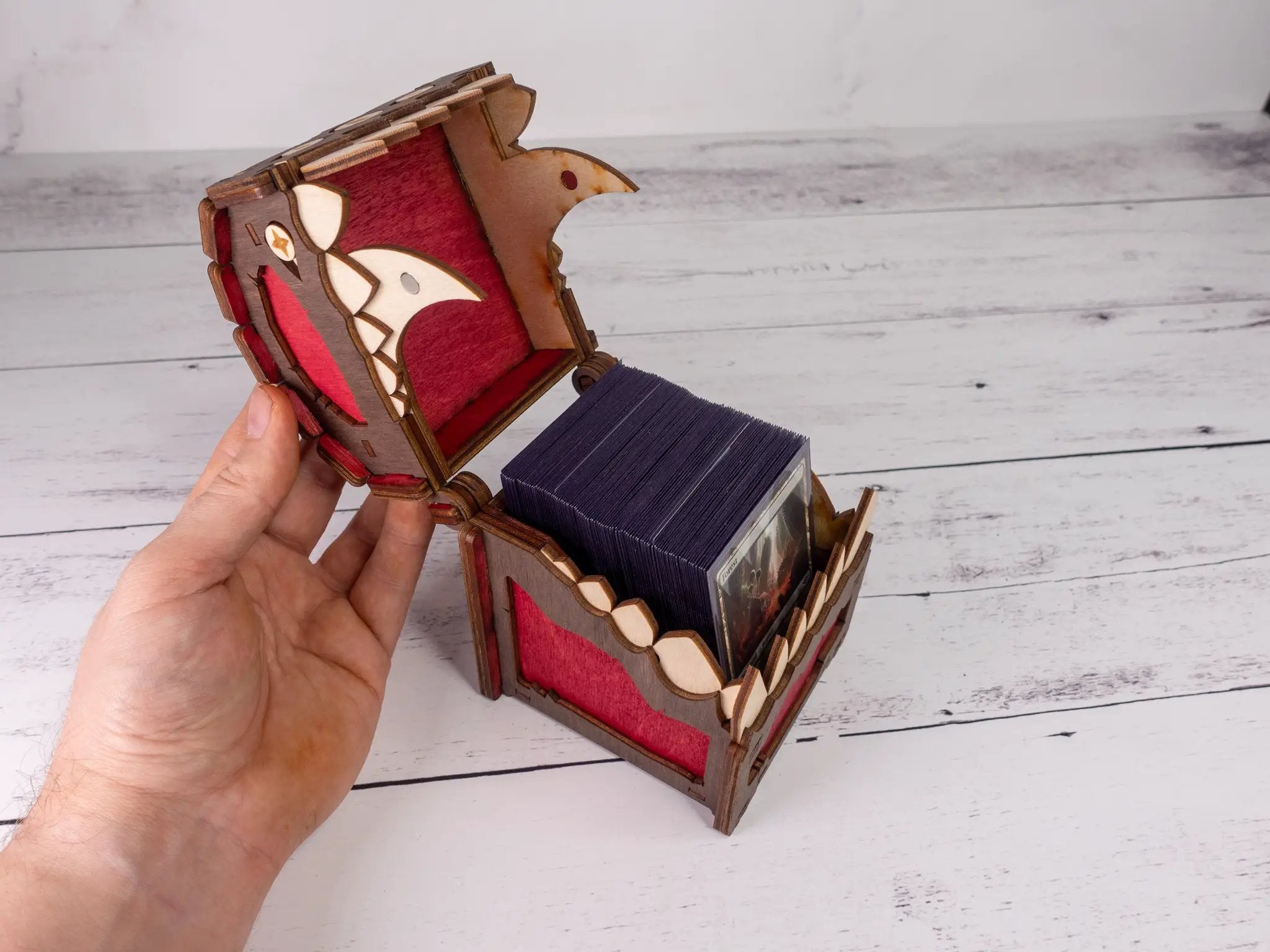 Black Mimic Chest Deck Box by Talon & Claw with intricate mimic design and secure clasp for card storage.