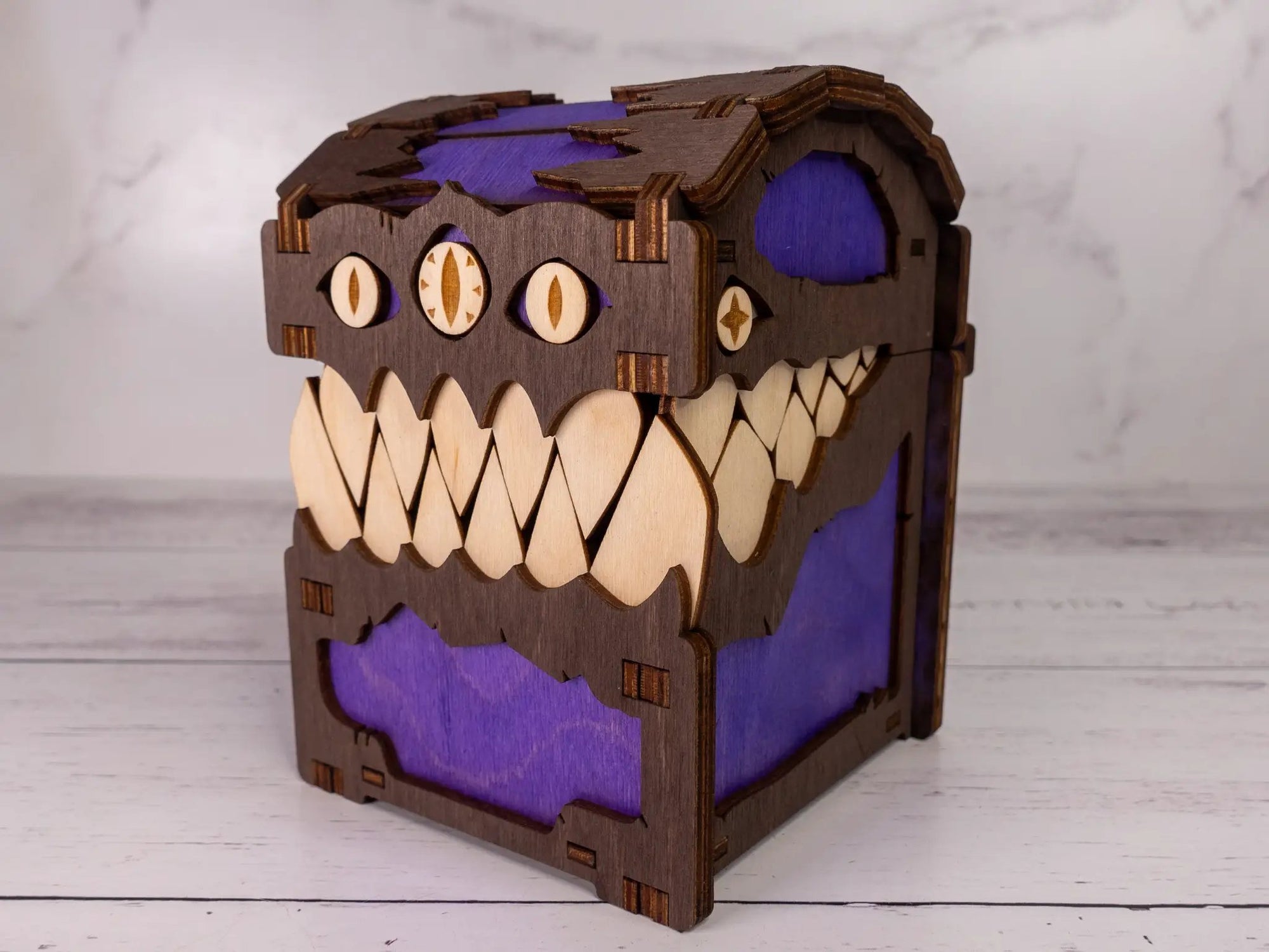 Black Mimic Chest Deck Box by Talon & Claw, featuring a detailed, mimic-themed fantasy storage container for trading cards.