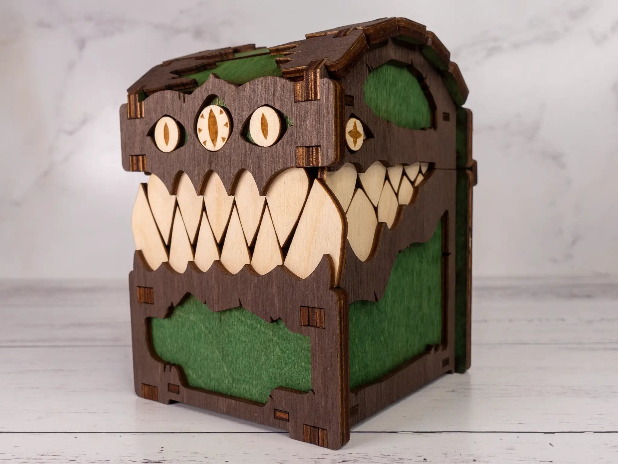 Black Mimic Chest Deck Box by Talon & Claw, featuring a detailed mimic creature design for trading card storage.
