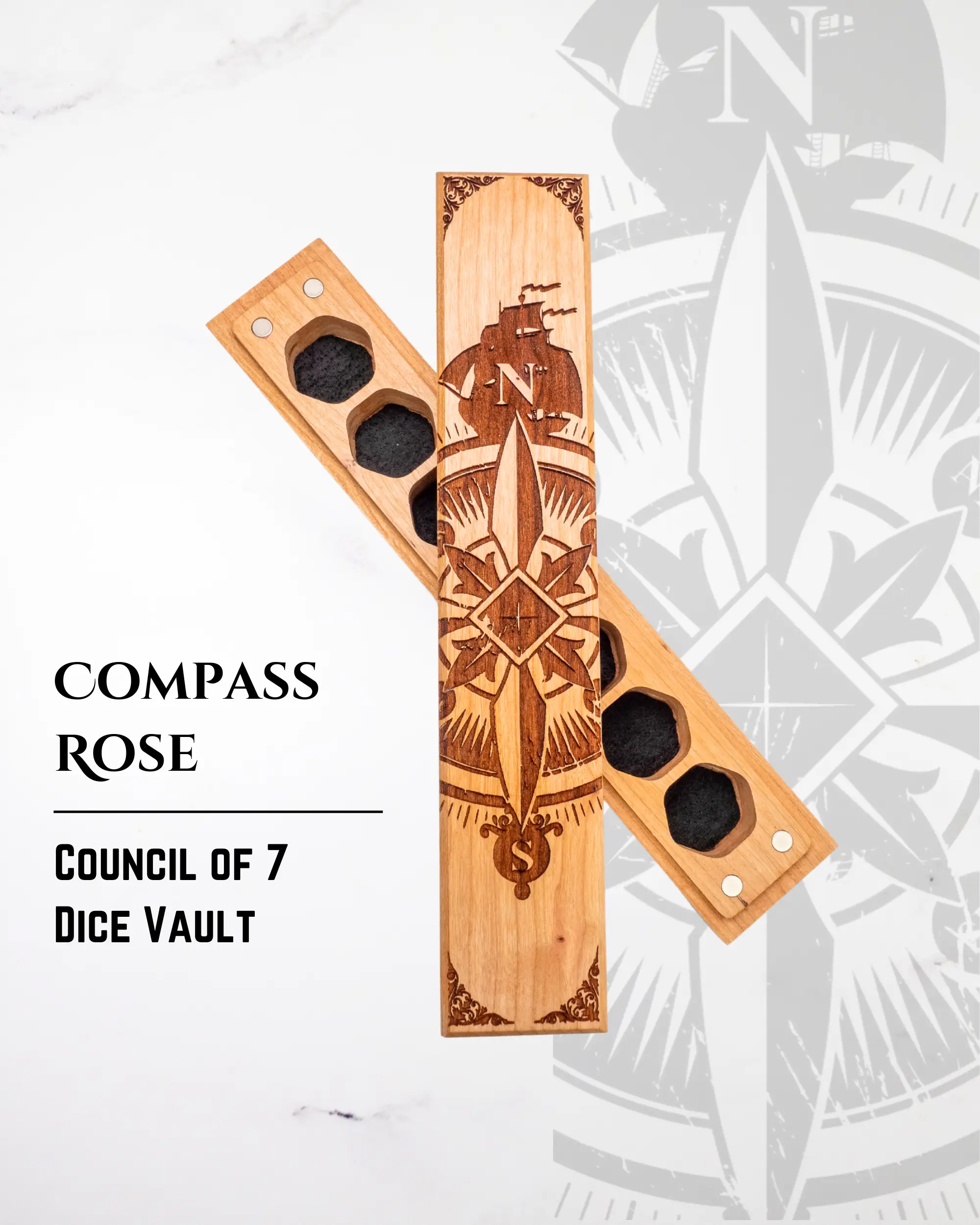 Talon & Claw engraved dice vault with compass rose design, made from aromatic cedar, for storing council of 7 dice.