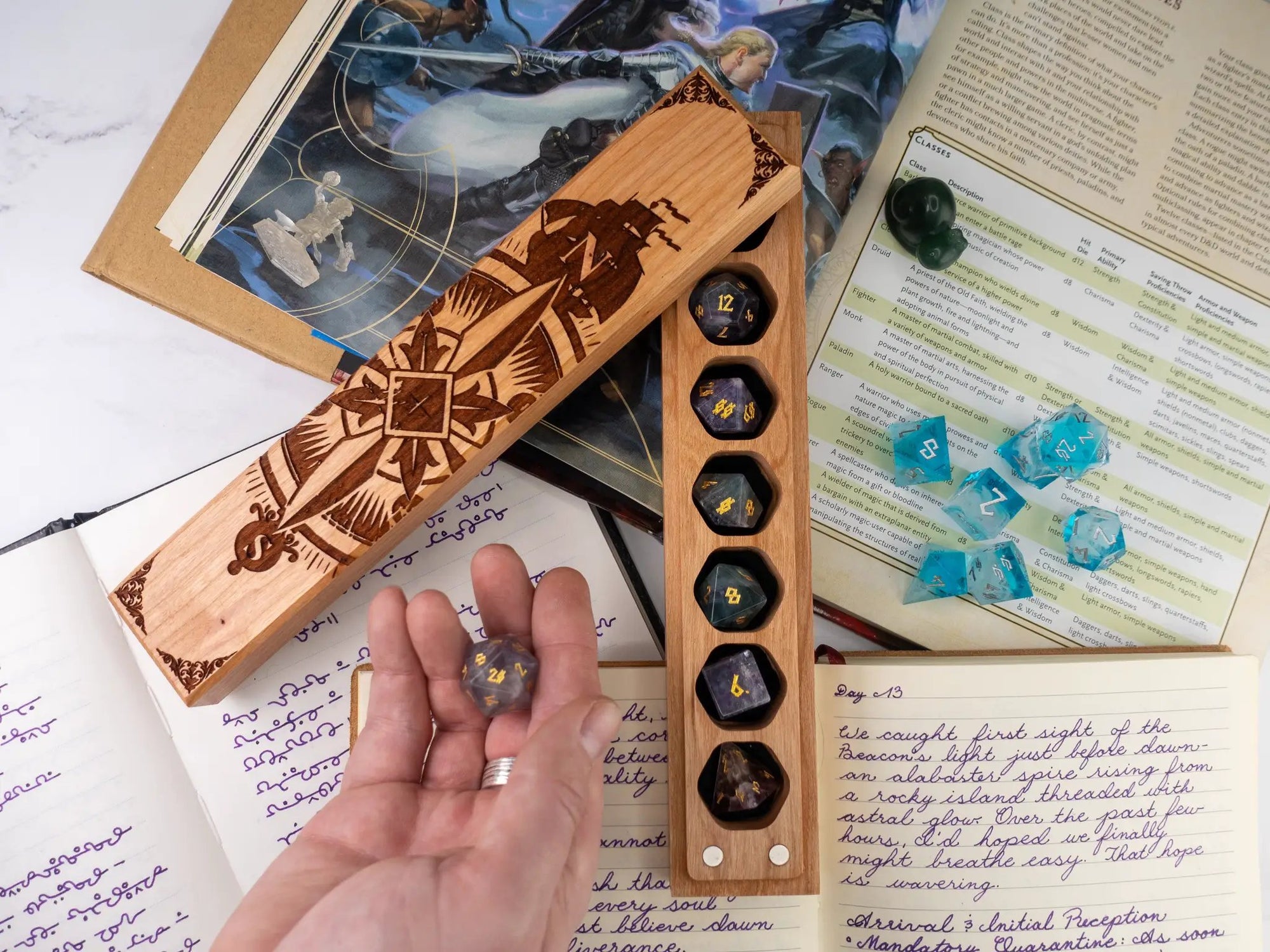 Talon & Claw engraved dice vault featuring a compass rose design, crafted from aromatic cedar for storing council of 7 dice.