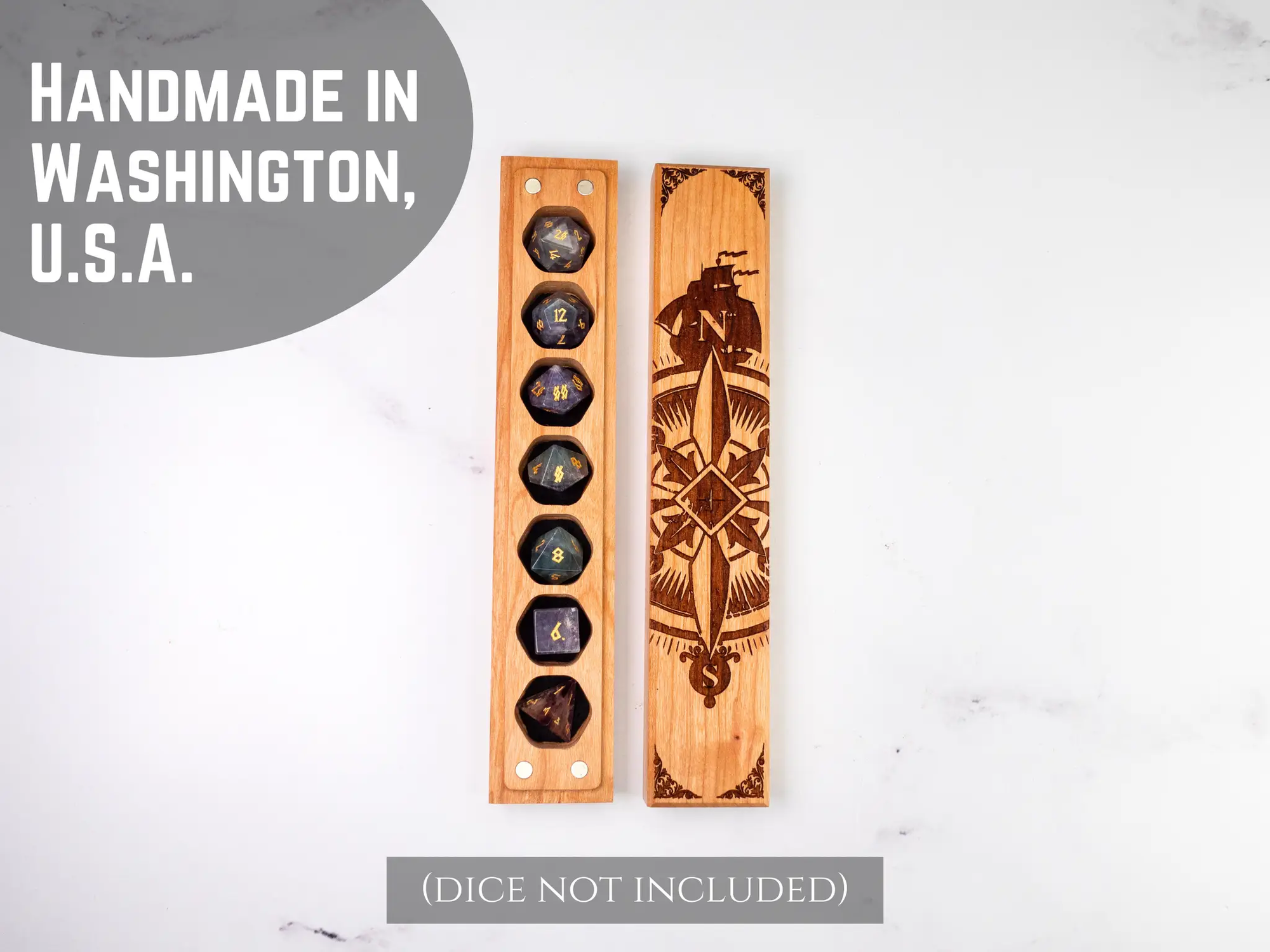 Talon & Claw engraved Compass Rose dice vault made of aromatic cedar, designed to store the Council of 7 dice securely.