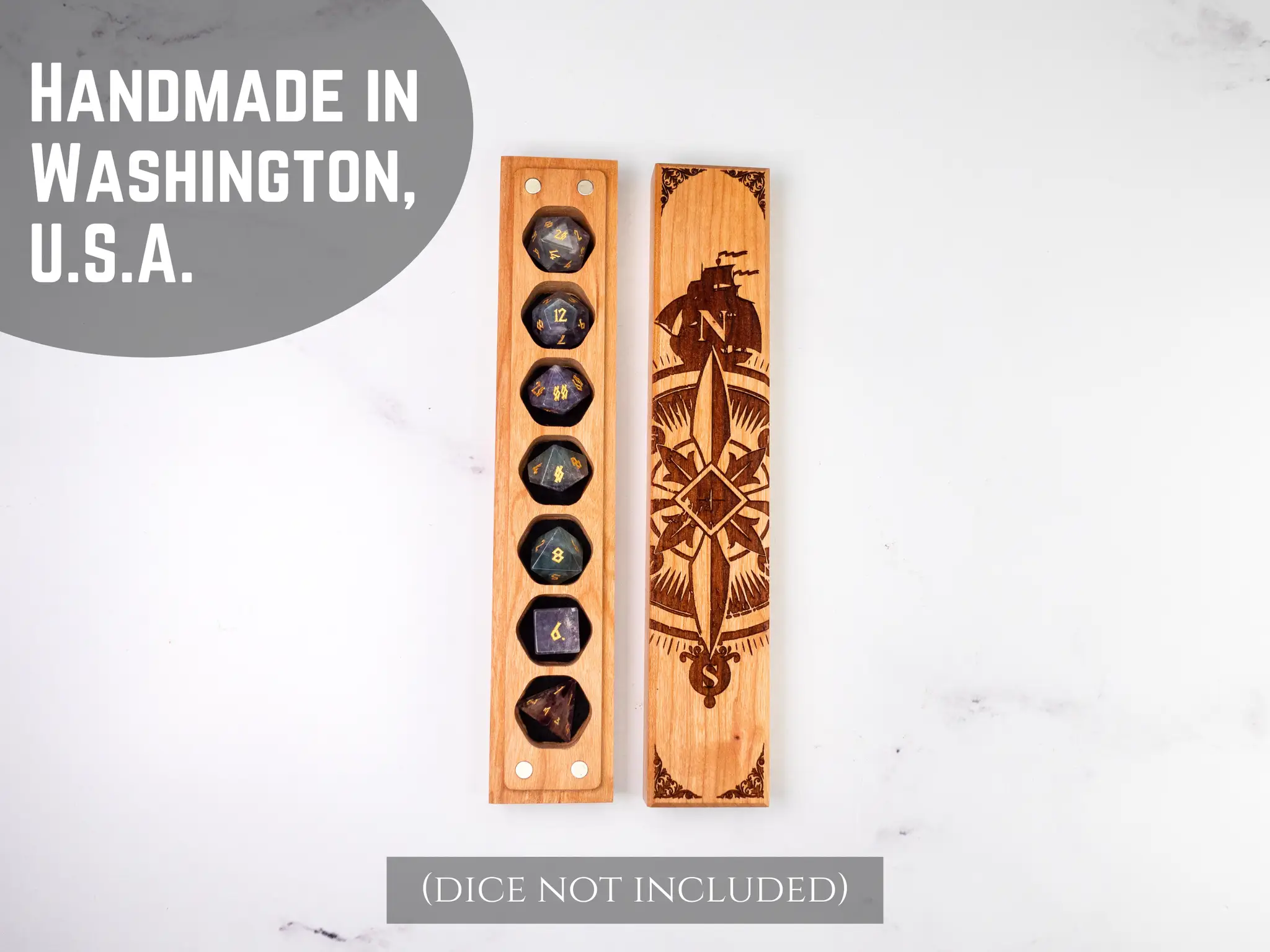 Talon & Claw engraved Compass Rose dice vault made of aromatic cedar, designed to store the Council of 7 dice securely.