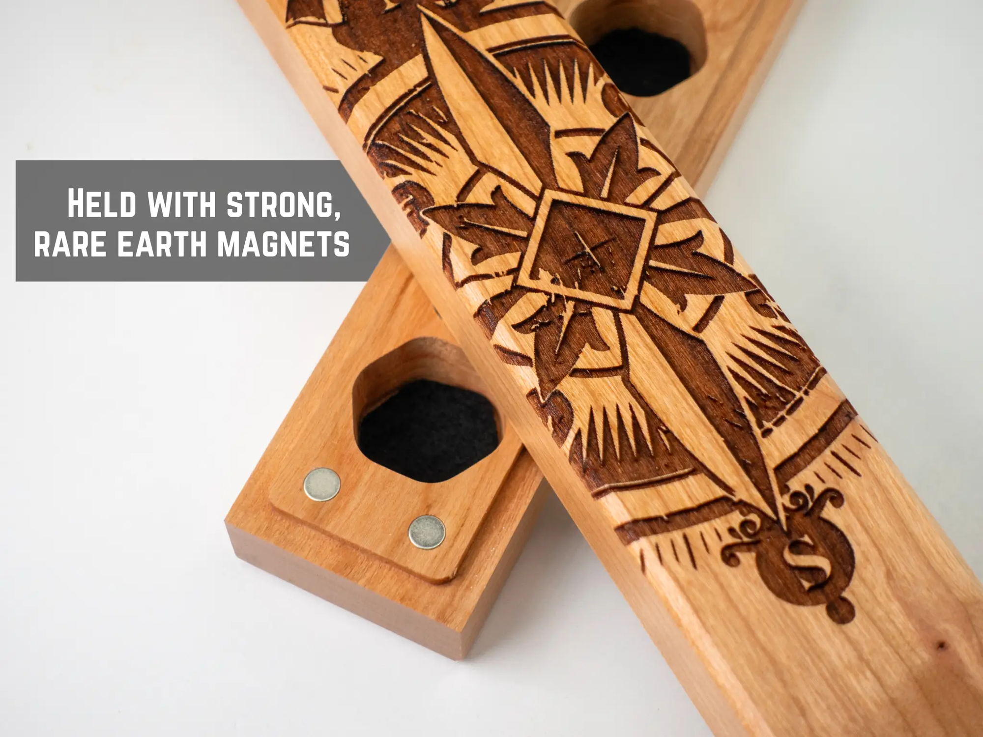 Engraved Talon & Claw Compass Rose Dice Vault in aromatic cedar, designed to securely store Council of 7 dice.