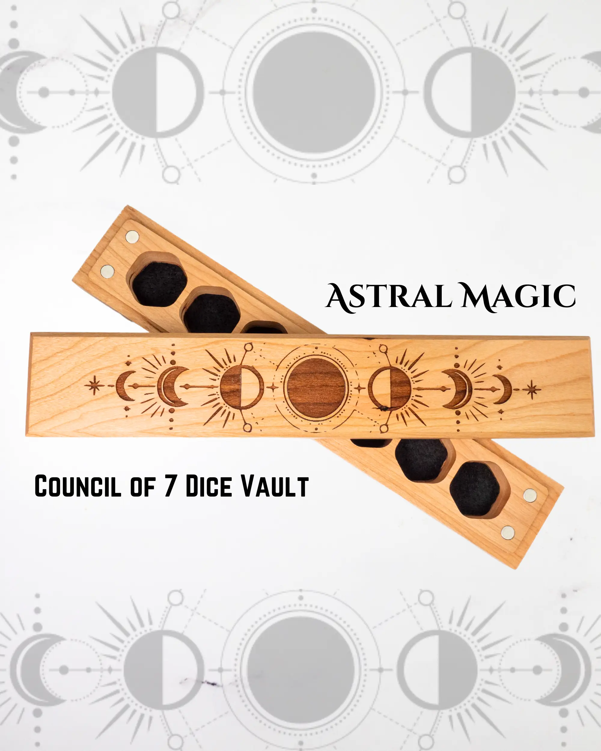 Talon & Claw Astral Magic engraved dice vault in cherry wood with intricate Council of 7 design for storing gaming dice.