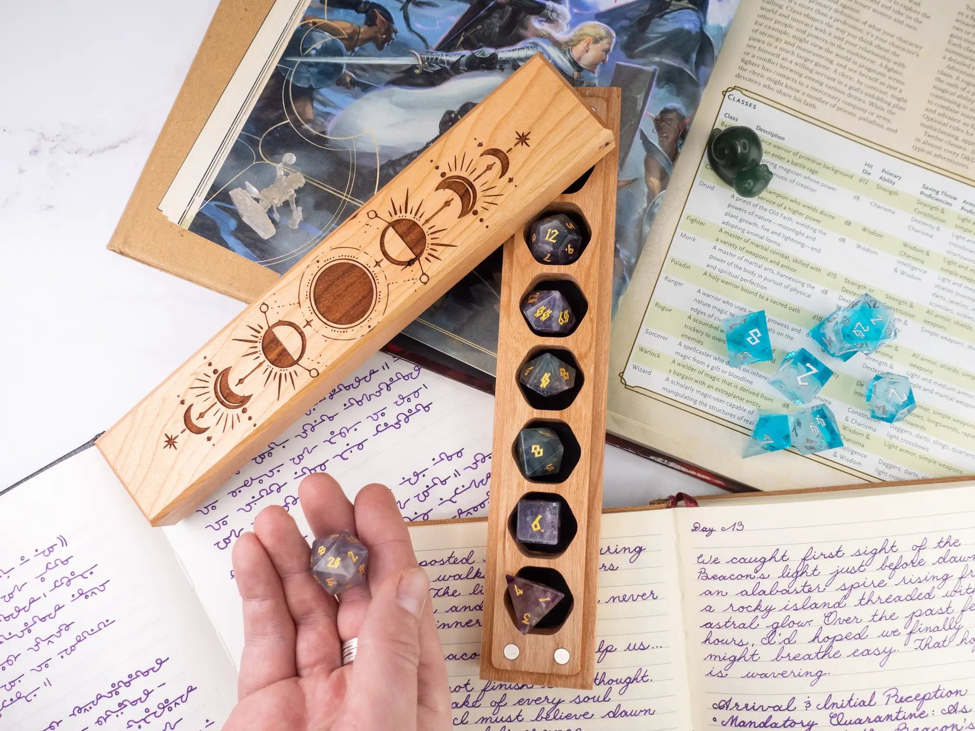 Talon & Claw Astral Magic engraved cherry dice vault for storing the Council of 7 dice, featuring intricate engraved details.