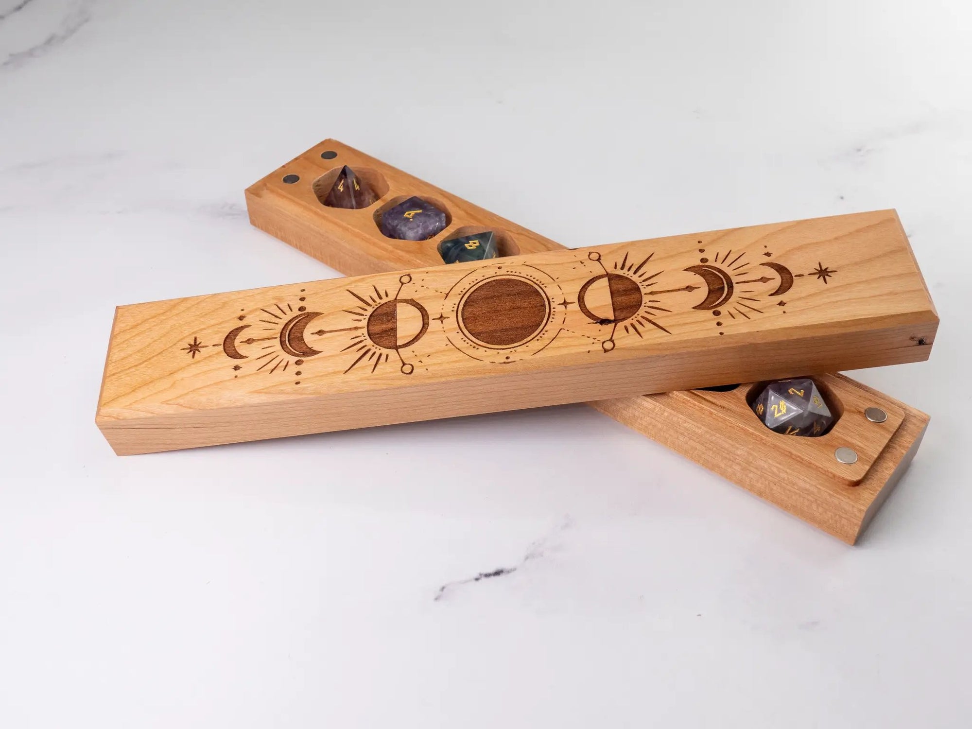 Talon & Claw Astral Magic engraved cherry wood dice vault with Council of 7 design, showcasing detailed engraving and polished finish.
