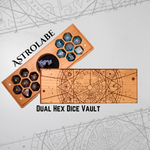 Talon & Claw engraved dual hex dice vault in cherry wood with intricate astrolabe design, ideal for storing gaming dice.