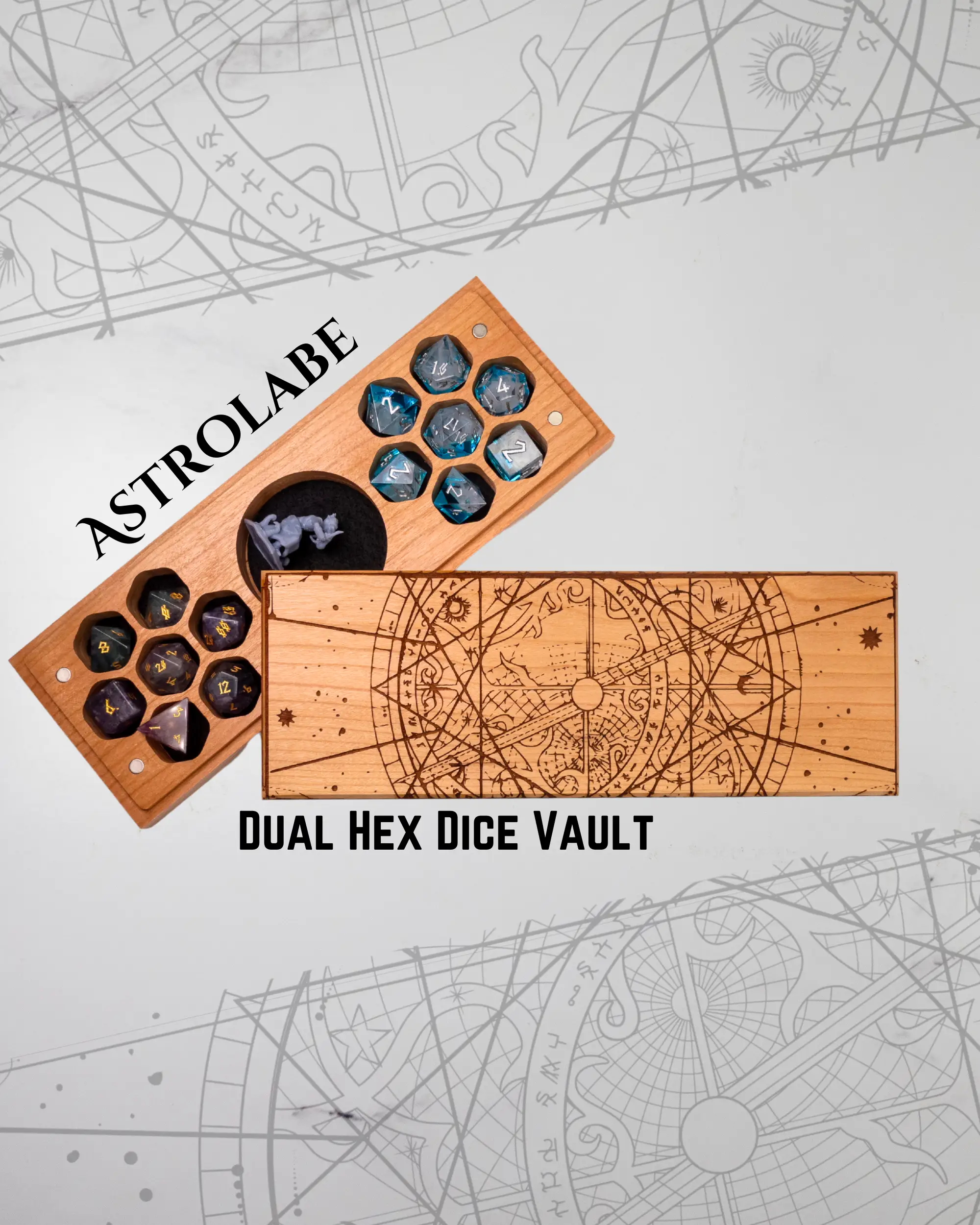 Talon & Claw engraved dual hex dice vault in cherry wood with intricate astrolabe design, ideal for storing gaming dice.