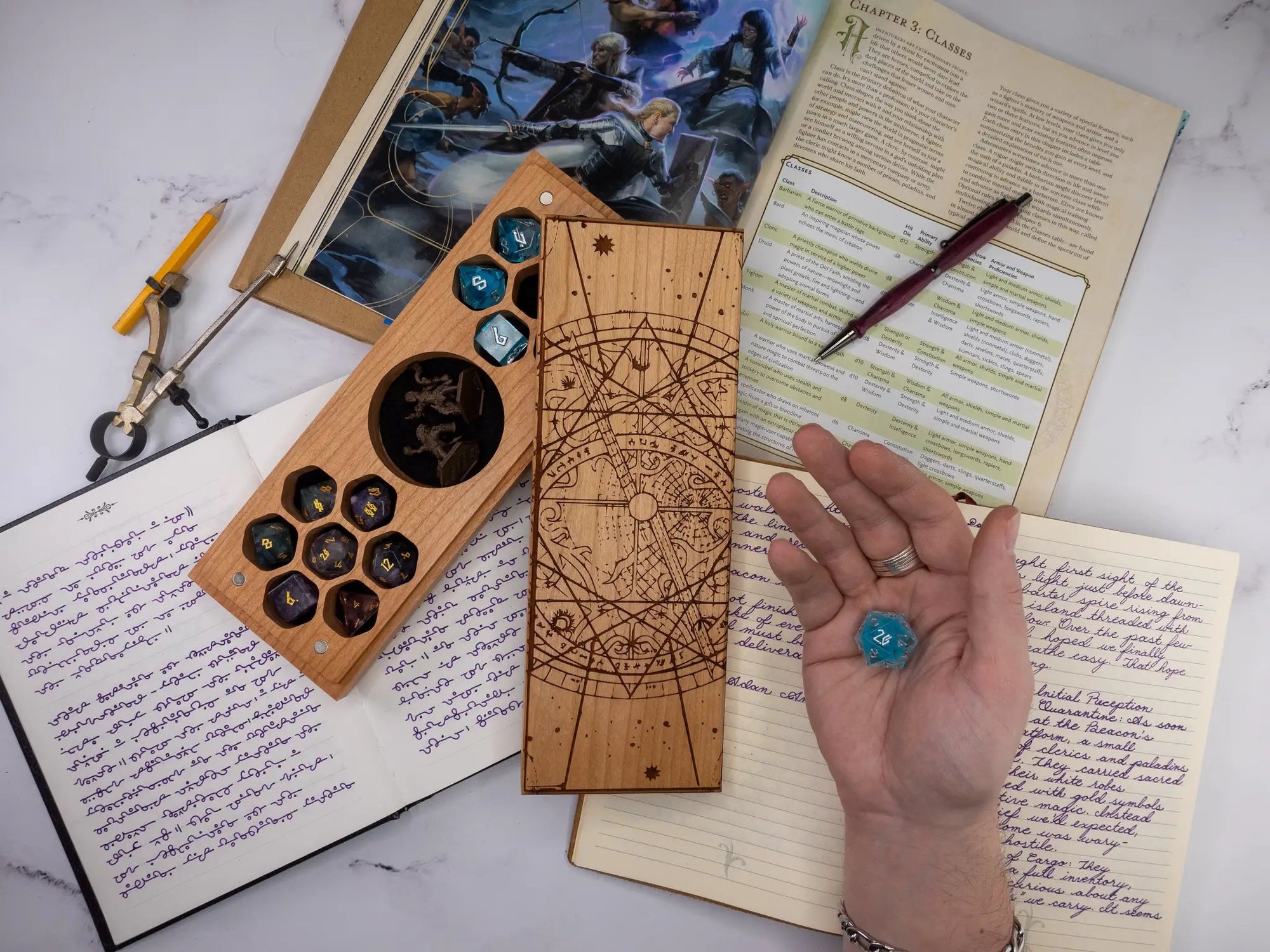 Engraved Talon & Claw Astrolabe dual hex dice vault in cherry wood, featuring detailed engraved celestial designs.