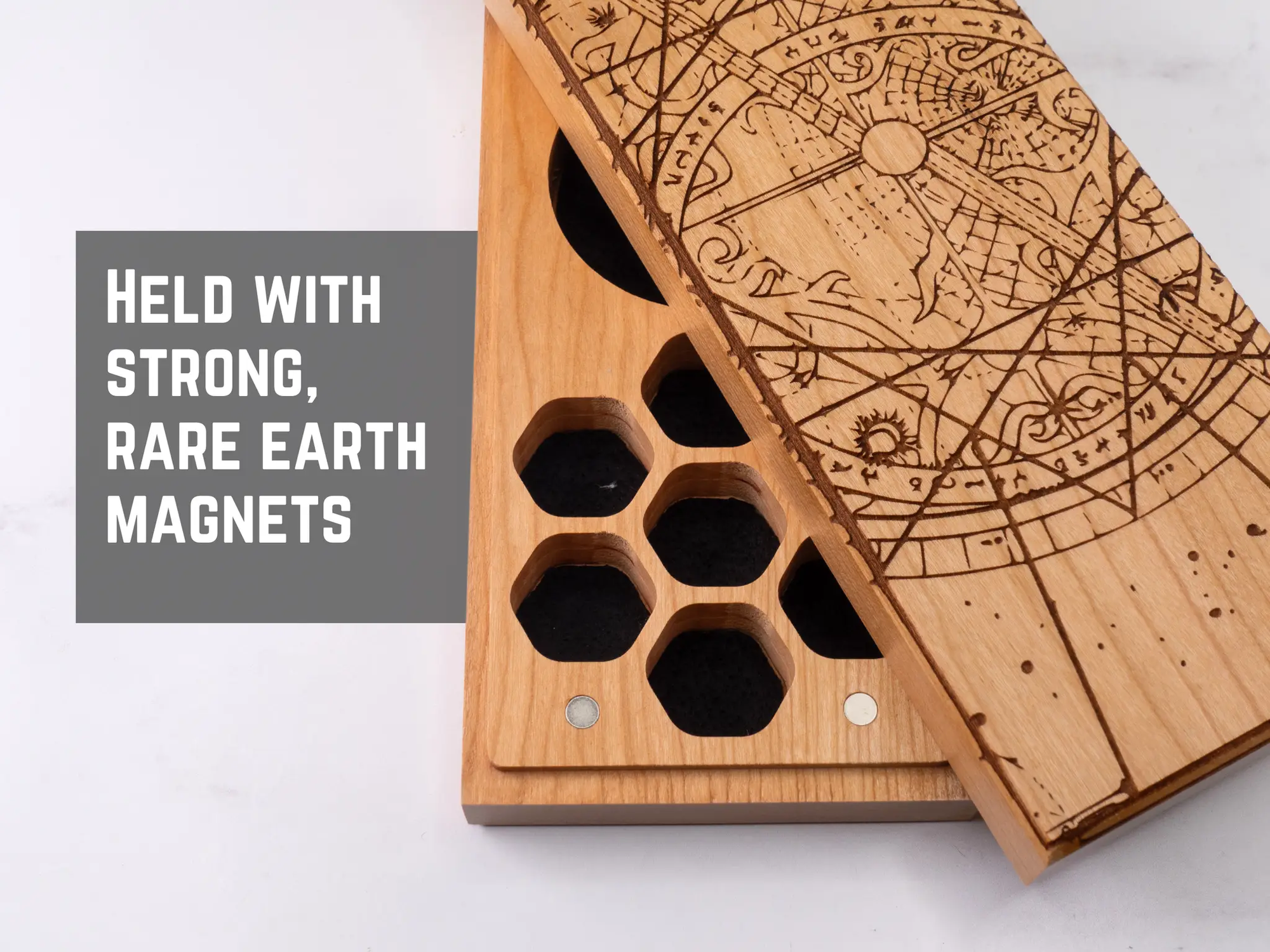 Engraved cherry wood Talon & Claw Astrolabe dual hex dice vault with intricate engraved designs for secure storage of gaming dice.