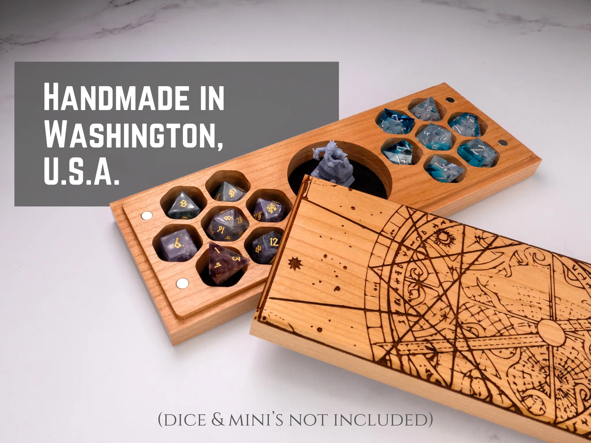 Engraved cherry wood Talon & Claw Astrolabe dual hex dice vault with intricate engravings and secure lid for tabletop gaming.
