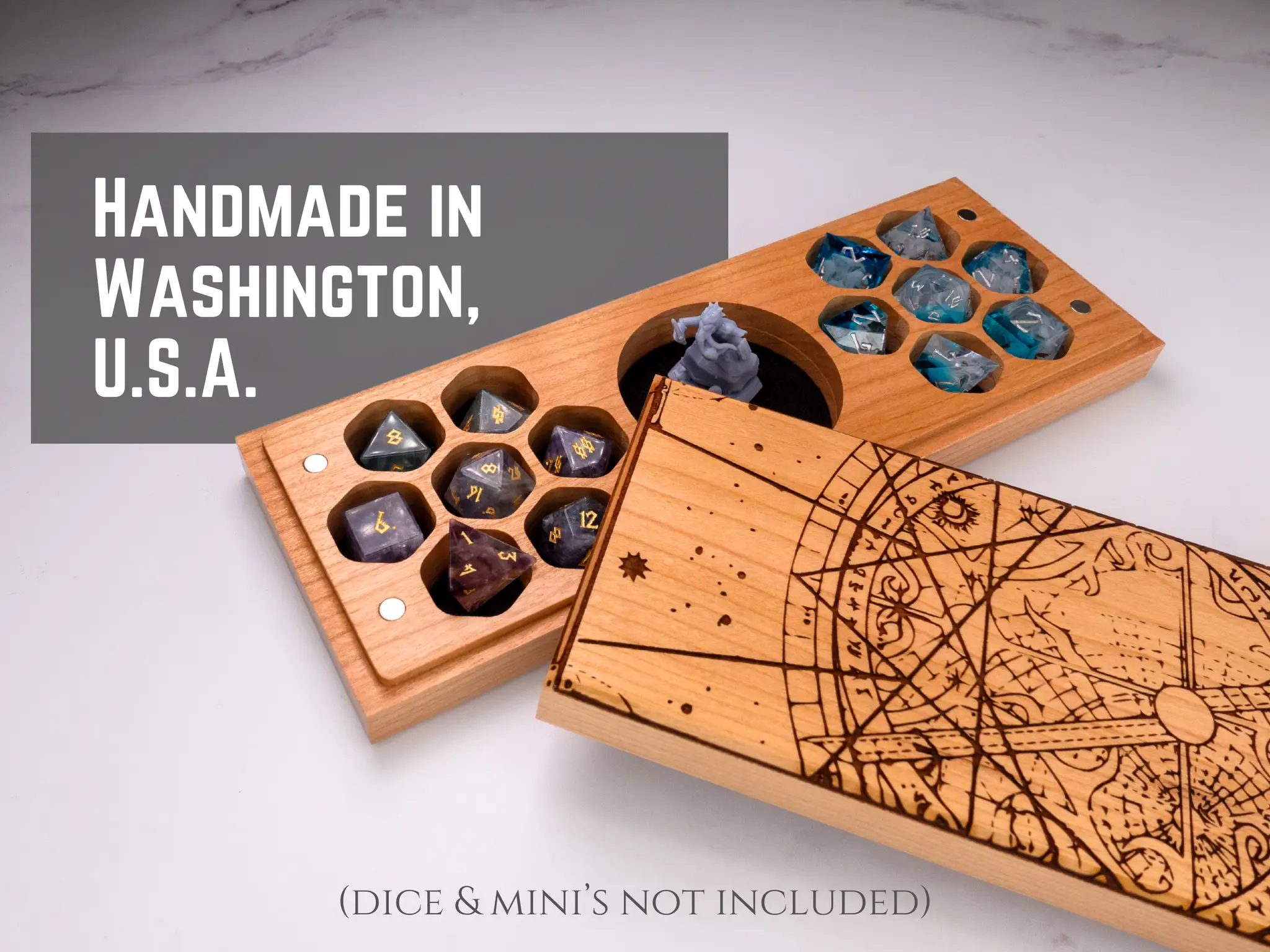 Engraved cherry wood Talon & Claw Astrolabe dual hex dice vault with intricate engravings and secure lid for tabletop gaming.