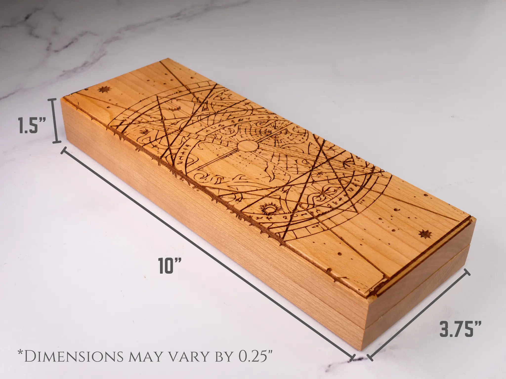 Engraved Talon & Claw Astrolabe dual hex dice vault in cherry wood, featuring intricate engraved designs for tabletop gaming storage.