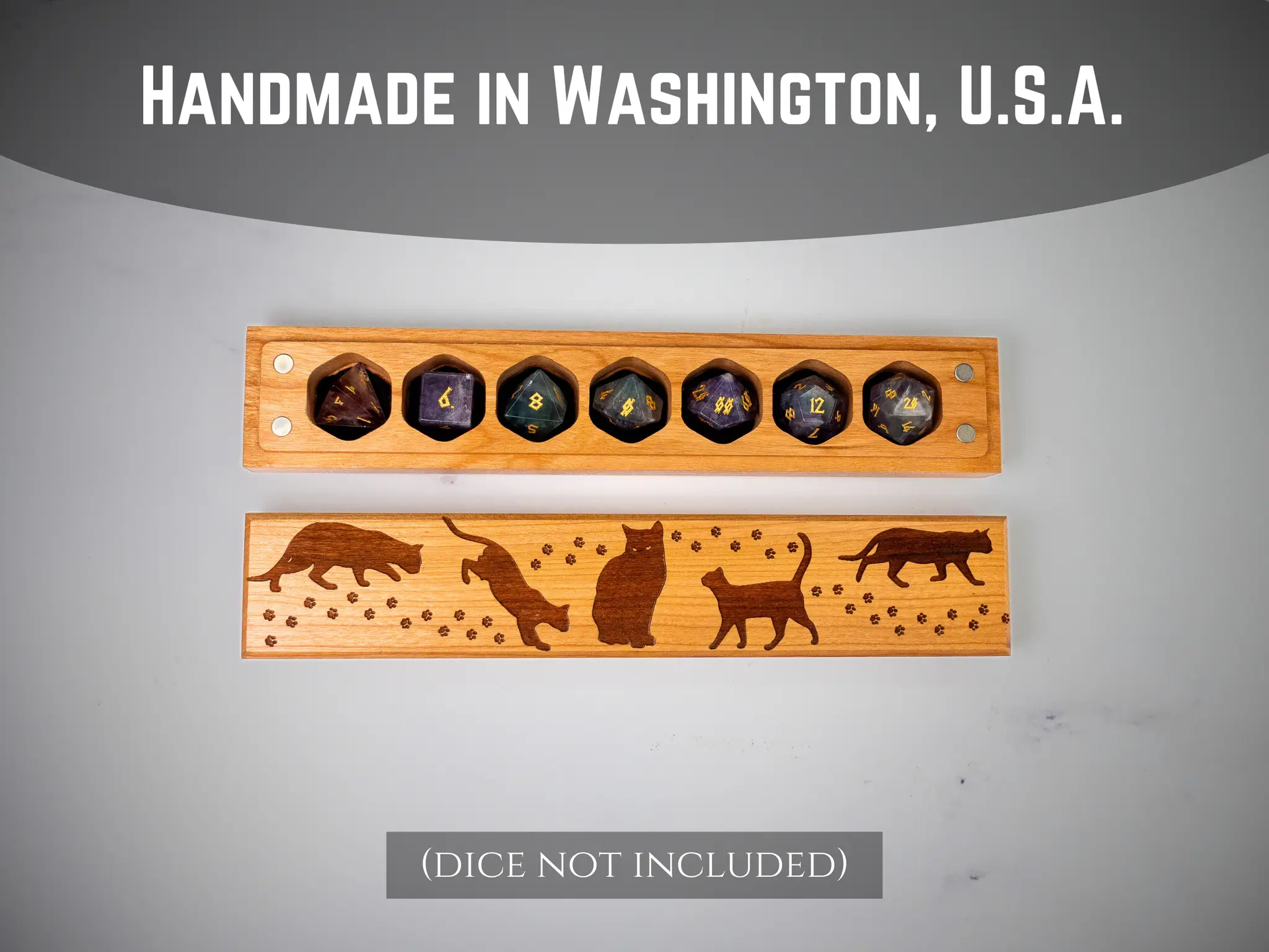 Talon & Claw engraved cherry wood dice vault with cat designs, part of the Council of 7 dice vault collection.