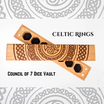 Talon & Claw Celtic Rings engraved on a cherry wood dice vault, designed for storing the Council of 7 dice set.