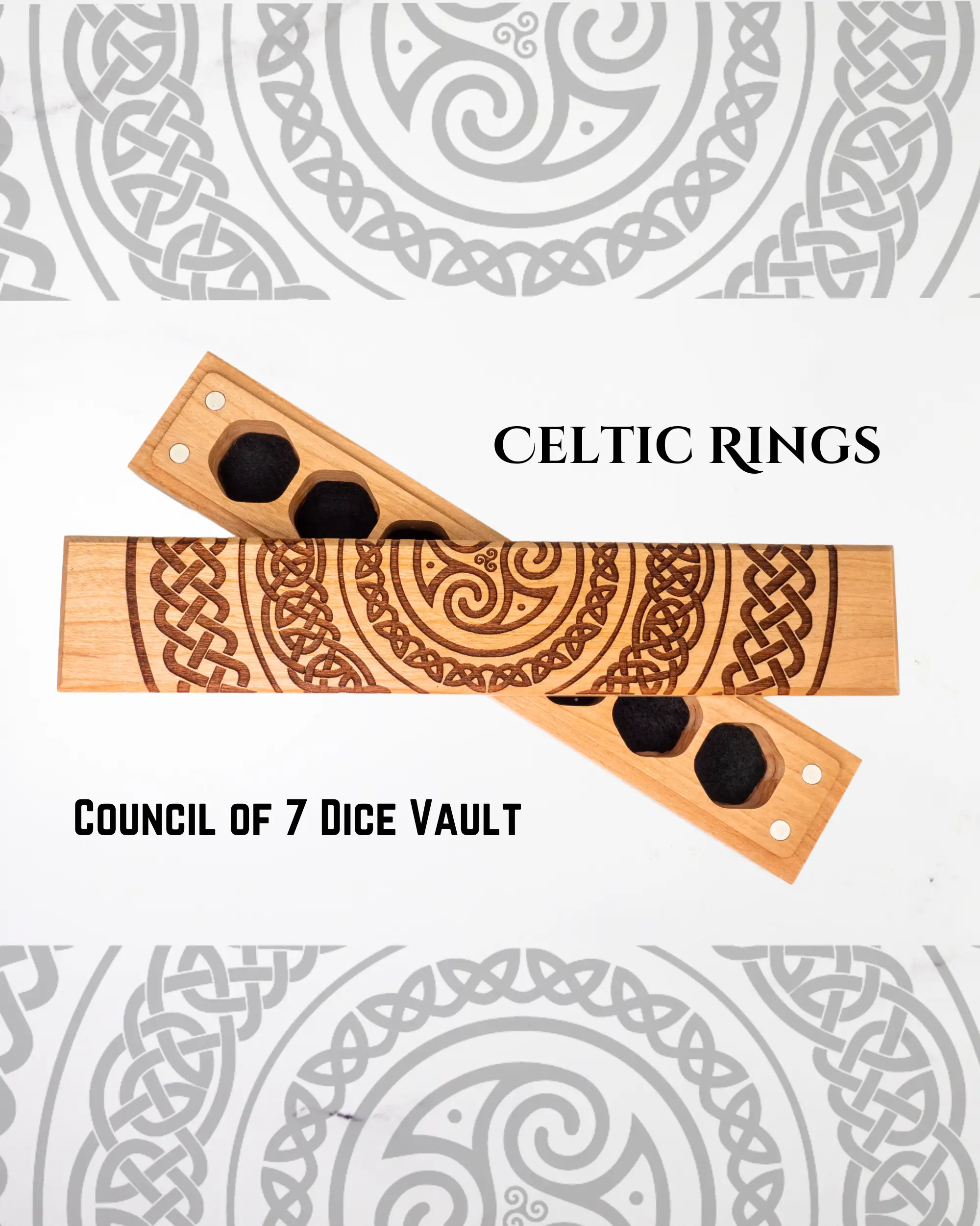Talon & Claw Celtic Rings engraved on a cherry wood dice vault, designed for storing the Council of 7 dice set.