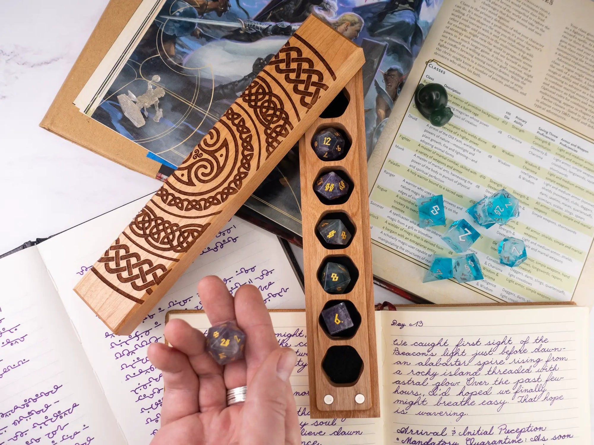 Talon & Claw Celtic Rings engraved Council of 7 Dice Vault in cherry wood, featuring intricate Celtic ring designs and secure storage.