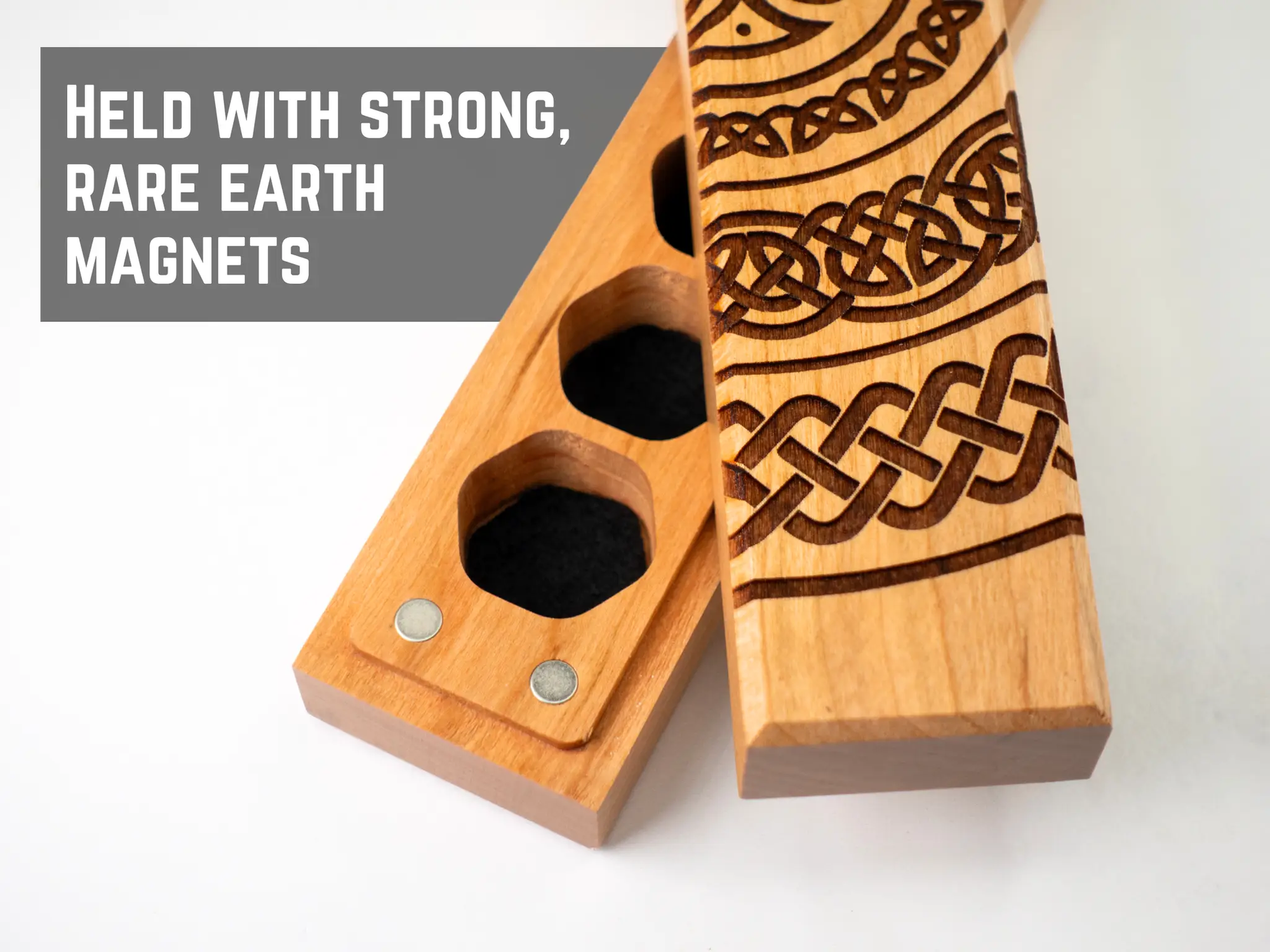 Talon & Claw Celtic Rings engraved Council of 7 dice vault made of cherry wood with intricate Celtic ring carvings.